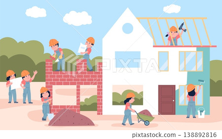 Kids building house site. Children play with construction tools. Educational professional playground to get acquainted with work, recent vector scene Kids building house site. Children play with construction tools. Educational professional playground to get acquainted with work, recent vector scene 138892816
