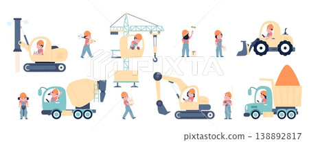 Children on construction vehicle. Kids playing with heavy transport for building site. Child wear builder uniform, play with truck, excavator, recent vector set 138892817