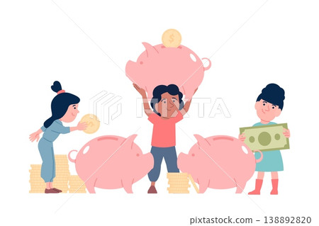 Children saving money. Cute kids with piggy banks and gold coins piles. Financial literacy, banking and savings. Investments in future, recent vector scene Children saving money. Cute kids with piggy banks and gold coins piles. Financial literacy, banking and savings. Investments in future, recent vector scene 138892820