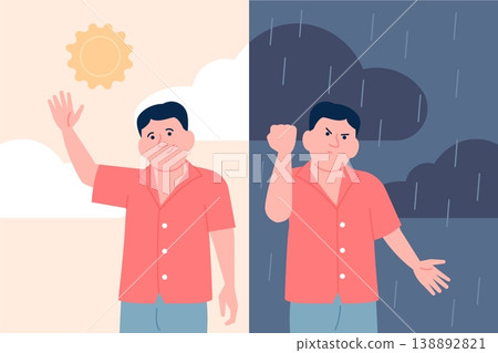 Emotional swings character. Man has mental problems. Mood sudden changes, from angry to happy and back. Problem with emotions control, recent vector concept 138892821