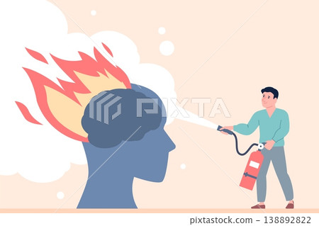 Burning brain concept. Overworking, emotional stress and anxiety. Man putting out flame with fire extinguisher. Support and mental health, burnout recent vector scene Burning brain concept. Overworking, emotional stress and anxiety. Man putting out flame with fire extinguisher. Support and mental health, burnout recent vector scene 138892822