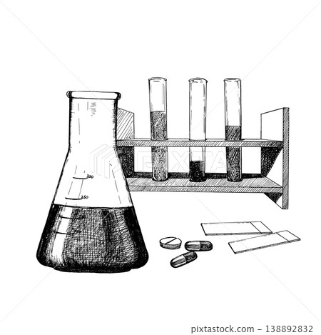 Laboratory equipment: flask, test tubes in a stand, microscope slides, and tablets. Engraved-style vector illustration for educational materials, scientific publications, and medical events. 138892832