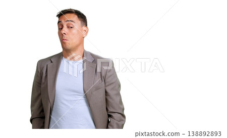 Man expressing skepticism with doubtful facial expression 138892893