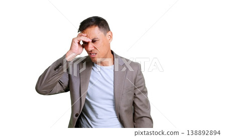 Stressed man suffering headache with transparent background Stressed man suffering headache with transparent background 138892894