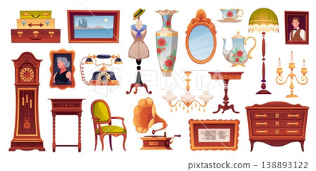 Antique shop elements. Vintage store goods, retro classical Victorian furniture, paintings decor, fixtures, retro garage sale items, things with history, tidy vector cartoon isolated set Antique shop elements. Vintage store goods, retro classical Victorian furniture, paintings decor, fixtures, retro garage sale items, things with history, tidy vector cartoon isolated set 138893122