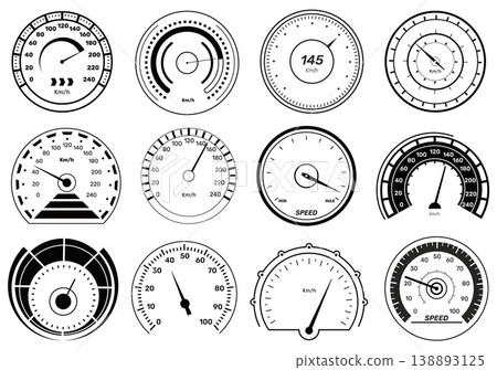 Auto speedometer icons. Black car dials, vehicle dashboard elements, kilometers indicator, round measuring scale with arrow, speed measurement, instrument panel design qualitative vector set 138893125