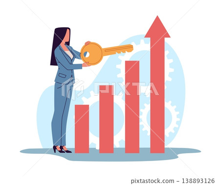 Business success. Company progress, secret of profit and wealth growth, woman with key, career growth, strategy and productivity chart, salary profit results vector cartoon isolated concept Business success. Company progress, secret of profit and wealth growth, woman with key, career growth, strategy and productivity chart, salary profit results vector cartoon isolated concept 138893126
