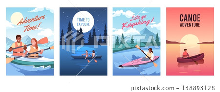 Canoe cards. Outdoor activities, rowing, rafting on mountain rivers, people in life jackets in boats, kayaks, water sports, inspirational or motivation poster tidy vector cartoon flat set 138893128