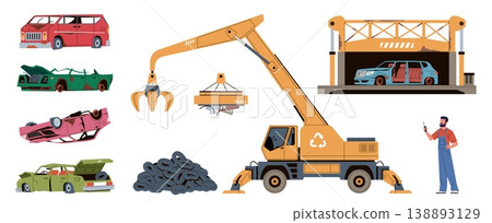 Car dump elements. Scrap metal, broken, damaged vehicle, rusty automobiles, crane magnet, worker in overalls, garbage metal recycling, industrial waste, nowaday vector cartoon isolated set Car dump elements. Scrap metal, broken, damaged vehicle, rusty automobiles, crane magnet, worker in overalls, garbage metal recycling, industrial waste, nowaday vector cartoon isolated set 138893129
