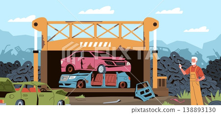 Car dump worker. Man controls press with remote control, scrap metal recycling, rusty broken automobiles utilization, processing operation nowaday vector cartoon isolated industrial concept Car dump worker. Man controls press with remote control, scrap metal recycling, rusty broken automobiles utilization, processing operation nowaday vector cartoon isolated industrial concept 138893130