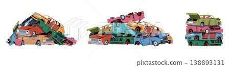 Car scrap piles. Broken, rusty abandoned automobiles composition, junkyard metal garbage, vehicles dump, bodies heaps and stacks, industrial storage nowaday vector cartoon isolated set 138893131
