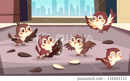 Cartoon city sparrows. Cute little birds peck sunflower seeds on street, funny feathered creatures, rooftop urban nature location, emotional animals, skyscrapers background tidy vector concept 138893132