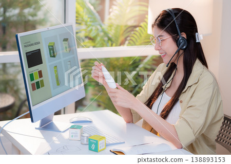 Young asian creative woman development packaging cosmetic and skincare product design with AI. 138893153