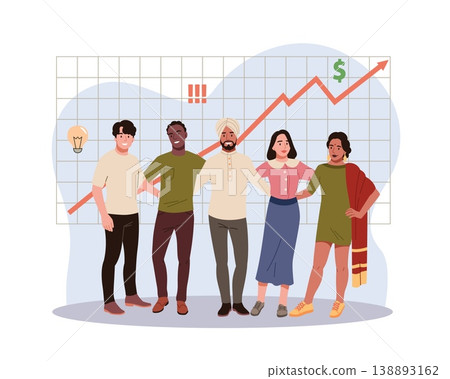 Company staff. Business partners, office workers, corporate, modern team, free style people, diverse team together, financial chart, progress indicators vector cartoon isolated concept Company staff. Business partners, office workers, corporate, modern team, free style people, diverse team together, financial chart, progress indicators vector cartoon isolated concept 138893162