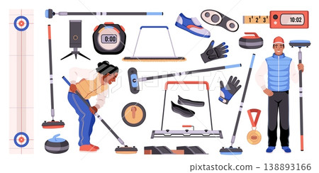Curling winter sport game elements. Athletes with brushes, ice playground, sliding granite stones, professional players, brooms, stones and target equipment tidy vector cartoon isolated set 138893166