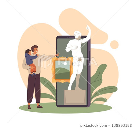Online museum tours. Virtual exhibition, mobile app, father and son look at art objects, smartphone interface with sculpture and painting for digital culture vector cartoon isolated concept Online museum tours. Virtual exhibition, mobile app, father and son look at art objects, smartphone interface with sculpture and painting for digital culture vector cartoon isolated concept 138893198
