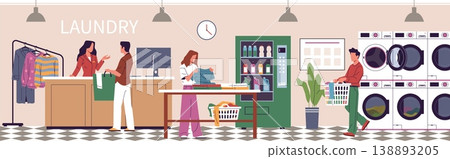 People in laundry room. Dirty clothes acceptance, man and woman visitors unload washing machines, socks in baskets, detergents, horizontal background nowaday vector cartoon isolated concept People in laundry room. Dirty clothes acceptance, man and woman visitors unload washing machines, socks in baskets, detergents, horizontal background nowaday vector cartoon isolated concept 138893205