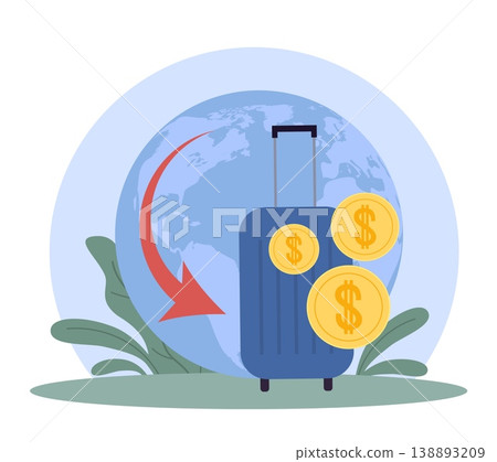 Salary and benefits. Moving abroad, returning to homeland, repatriation and emigration, globe travel budgeting, international journey, suitcase with coins vector cartoon isolated concept Salary and benefits. Moving abroad, returning to homeland, repatriation and emigration, globe travel budgeting, international journey, suitcase with coins vector cartoon isolated concept 138893209