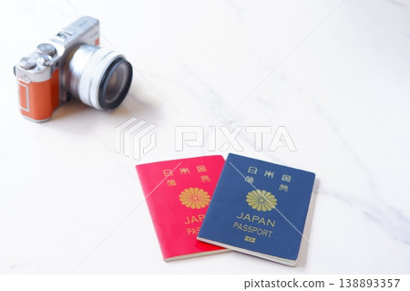 Passport - An image of planning an overseas trip with a passport (10-year and 5-year) and a camera. Passport - An image of planning an overseas trip with a passport (10-year and 5-year) and a camera. 138893357