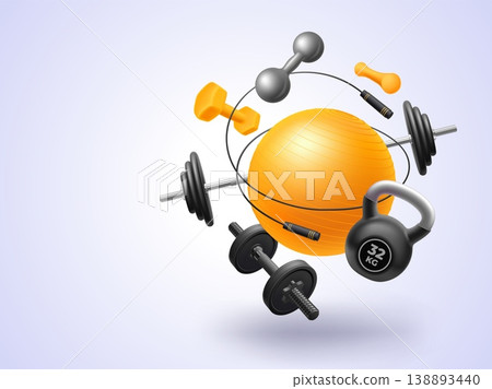 Realistic fitness concept. Gym workout healthy lifestyle, training equipment sportswear tool sport competition bodybuilding accessory, 3d composition garish vector illustration Realistic fitness concept. Gym workout healthy lifestyle, training equipment sportswear tool sport competition bodybuilding accessory, 3d composition garish vector illustration 138893440