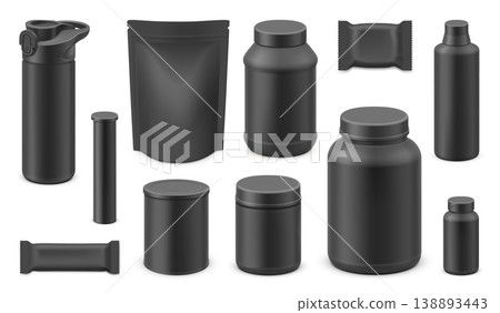 Black sports nutrition. Realistic sport supplement packaging mockup, fitness gym food container whey protein powder jar drink plastic bottle product garish vector illustration Black sports nutrition. Realistic sport supplement packaging mockup, fitness gym food container whey protein powder jar drink plastic bottle product garish vector illustration 138893443