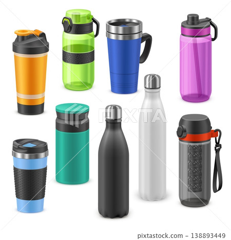 Realistic sport bottles. 3d fitness bottle mockup, water flask gym exercise drink tumbler mug thermo cup shaker reusable stainless plastic container garish vector illustration Realistic sport bottles. 3d fitness bottle mockup, water flask gym exercise drink tumbler mug thermo cup shaker reusable stainless plastic container garish vector illustration 138893449