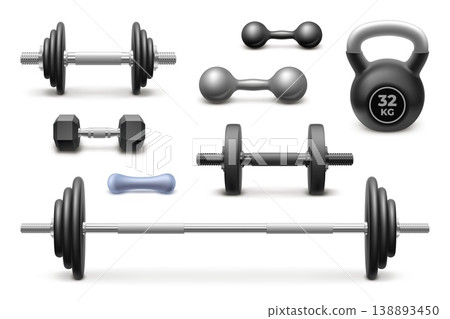 Realistic weights. 3d gym dumbbell kettlebell lifting dumb weight exercise equipment steel barbell workout fitness iron bodybuilding sport isolated icon garish vector illustration Realistic weights. 3d gym dumbbell kettlebell lifting dumb weight exercise equipment steel barbell workout fitness iron bodybuilding sport isolated icon garish vector illustration 138893450