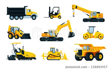 Cartoon construction machinery. Heavy truck excavator digger loader bulldozer backhoe crane dump roller tractor vehicle building site work equipment qualitative vector illustration 138893457