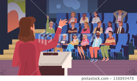 Speaker auditorium. Woman speaker back rear view, public speech at tribune front seat audience briefing conference podium lecture seminar presentation classy vector illustration Speaker auditorium. Woman speaker back rear view, public speech at tribune front seat audience briefing conference podium lecture seminar presentation classy vector illustration 138893478