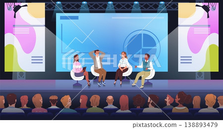 Speakers forum stage. Speaker discussion on stage, business event conference congress meeting corporate seminar public hall auditorium talk presentation classy vector illustration 138893479