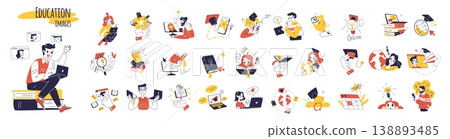 Online education people. Business school internet course, students or teachers distance learning study training book or ebook digital technology icon set classy vector illustration 138893485