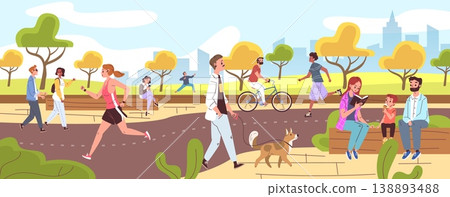 People walk city park. Family walking urban garden, green environment landscape outdoor summer nature bench healthy lifestyle leisure child dog bicycle classy vector illustration 138893488