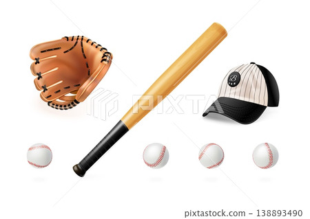 Realistic baseball equipment. 3d base ball, bat stick vintage cap leather glove catch homerun stadium sport team softball pitcher elements icon isolated exact vector illustration Realistic baseball equipment. 3d base ball, bat stick vintage cap leather glove catch homerun stadium sport team softball pitcher elements icon isolated exact vector illustration 138893490