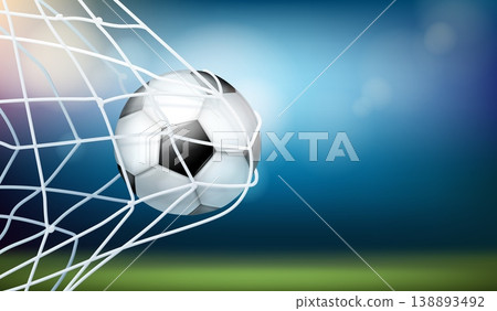 Soccer ball net. Realistic soccer goal hitting net effect, 3d football stadium background penalty shot balls isolated match pro sport competition banner exact vector illustration Soccer ball net. Realistic soccer goal hitting net effect, 3d football stadium background penalty shot balls isolated match pro sport competition banner exact vector illustration 138893492