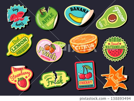 Vintage fruit stickers. Y2k retro badges strawberry groovy summer juice sticker cherry patch banana torn label exotic fruits food emblem design cartoon set neat vector illustration Vintage fruit stickers. Y2k retro badges strawberry groovy summer juice sticker cherry patch banana torn label exotic fruits food emblem design cartoon set neat vector illustration 138893494
