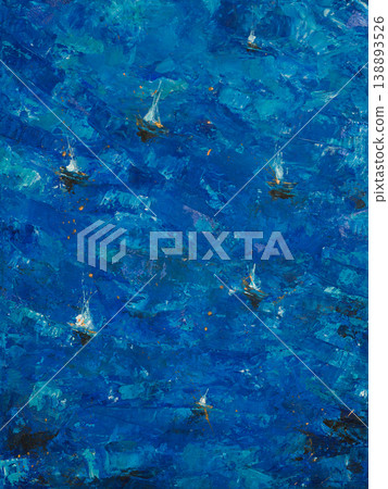 An original abstract acrylic painting created with a palette knife technique, featuring a fleet of minimalist sailing ships on a vast, vibrant blue ocean. 138893526