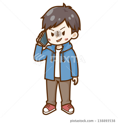 一個男人用智慧型手機撥打可疑電話(詐騙、惡意陰謀、騷擾電話)的Q版人物插圖-適用於警告和傳單。 一個男人用智慧型手機撥打可疑電話(詐騙、惡意陰謀、騷擾電話)的Q版人物插圖-適用於警告和傳單。 138893538