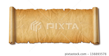 Old crumpled mediaeval Parchment paper scroll isolated on white Old crumpled mediaeval Parchment paper scroll isolated on white 138893578