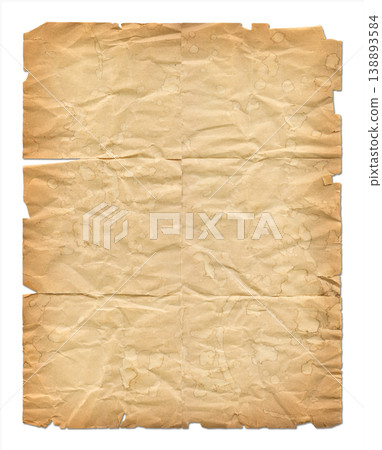 Heavily brown wrinkled paper sheet isolated on white 138893584