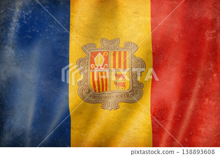 Old vintage flag of Andorra, worn and stained Old vintage flag of Andorra, worn and stained 138893608