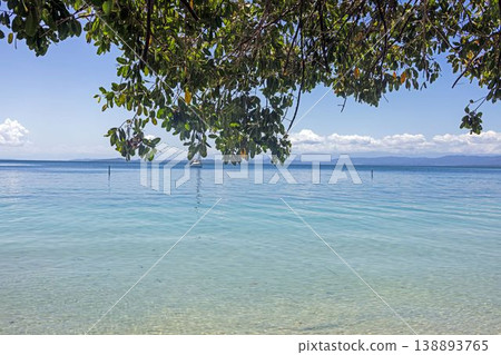 Calm turquoise sea with boat under tree canopy Bocas del Toro Panama Calm turquoise sea with boat under tree canopy Bocas del Toro Panama 138893765