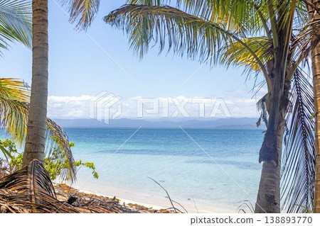 Tropical beach framed by palm trees and clear sea Panama Tropical beach framed by palm trees and clear sea Panama 138893770