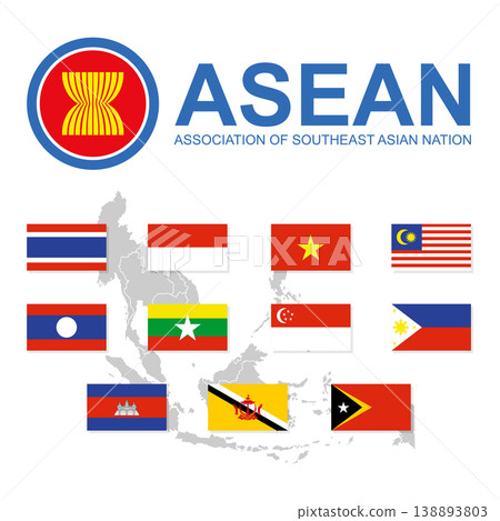 Flag of ASEAN and membership with ASEAN map on the background isolated on white background. Flag of ASEAN and membership with ASEAN map on the background isolated on white background. 138893803