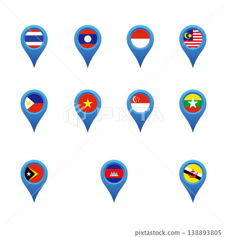 ASEAN ( Association of Southeast Asian Nations ) country flag with map pin pointer, isolated on white background 138893805