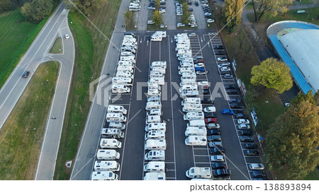 Piazzale Azzuri d'Italia in Cremona with an aerial view of tourist camper vans parked for travel and leisure in Italy 138893894