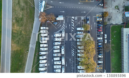 Piazzale Azzuri d'Italia in Cremona with an aerial view of tourist camper vans parked for travel and leisure in Italy 138893896