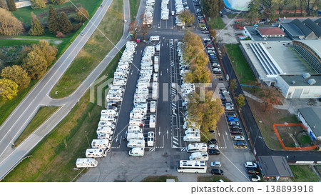 Piazzale Azzurri d'Italia in Cremona, Italy, showing many campers parked for tourist accommodation and travel 138893918