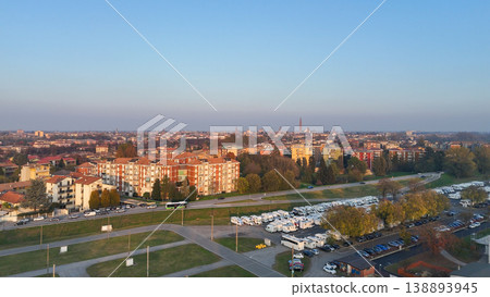 Piazzale Azzuri d'Italia in Cremona, Italy, managing an urban camper van parking area for tourists, aerial view 138893945