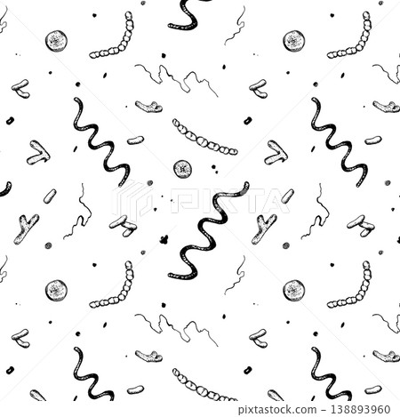 Microorganisms, bacteria and algae seamless pattern in engraving style for textile and background Microorganisms, bacteria and algae seamless pattern in engraving style for textile and background 138893960