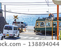 The Enoden train passes by in front of Shonan Kamakura High School, with the sea in the background. 138894044